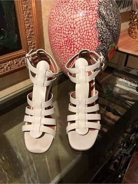 Steven Alan White Multi-Strap High Heel Sandals with Ankle Buckle